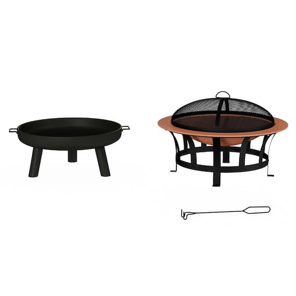 Pure Garden 27.5 in. W x 13.5 in. H Round Steel Wood Burning Outdoor Fire Pit with Storage Cover