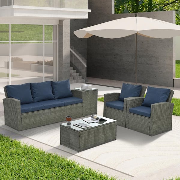 Zeus & Ruta 5-Piece Wicker Modern Patio Outdoor Sectional Set with Glass Table and Dark Blue Cushions for Pool, Backyard, Lawn