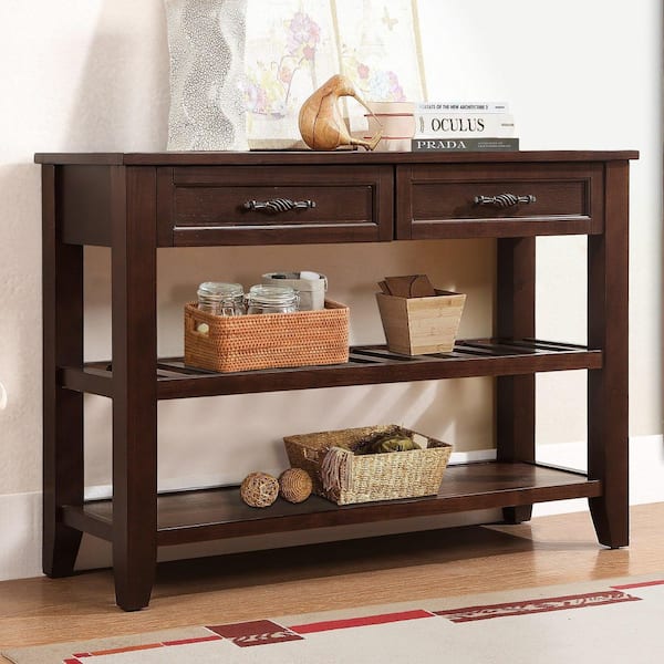 Heather 42 in. Brown Rectangle Wood Console Table with 2 Storage Drawers and 2 Tiers Shelves, Espresso
