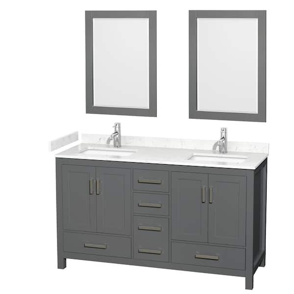 Wyndham Collection Sheffield 60 in. W x 22 in. D x 35 in. H Double Bath Vanity in Dark Gray with Carrara Cultured Marble Top & 24" Mirrors