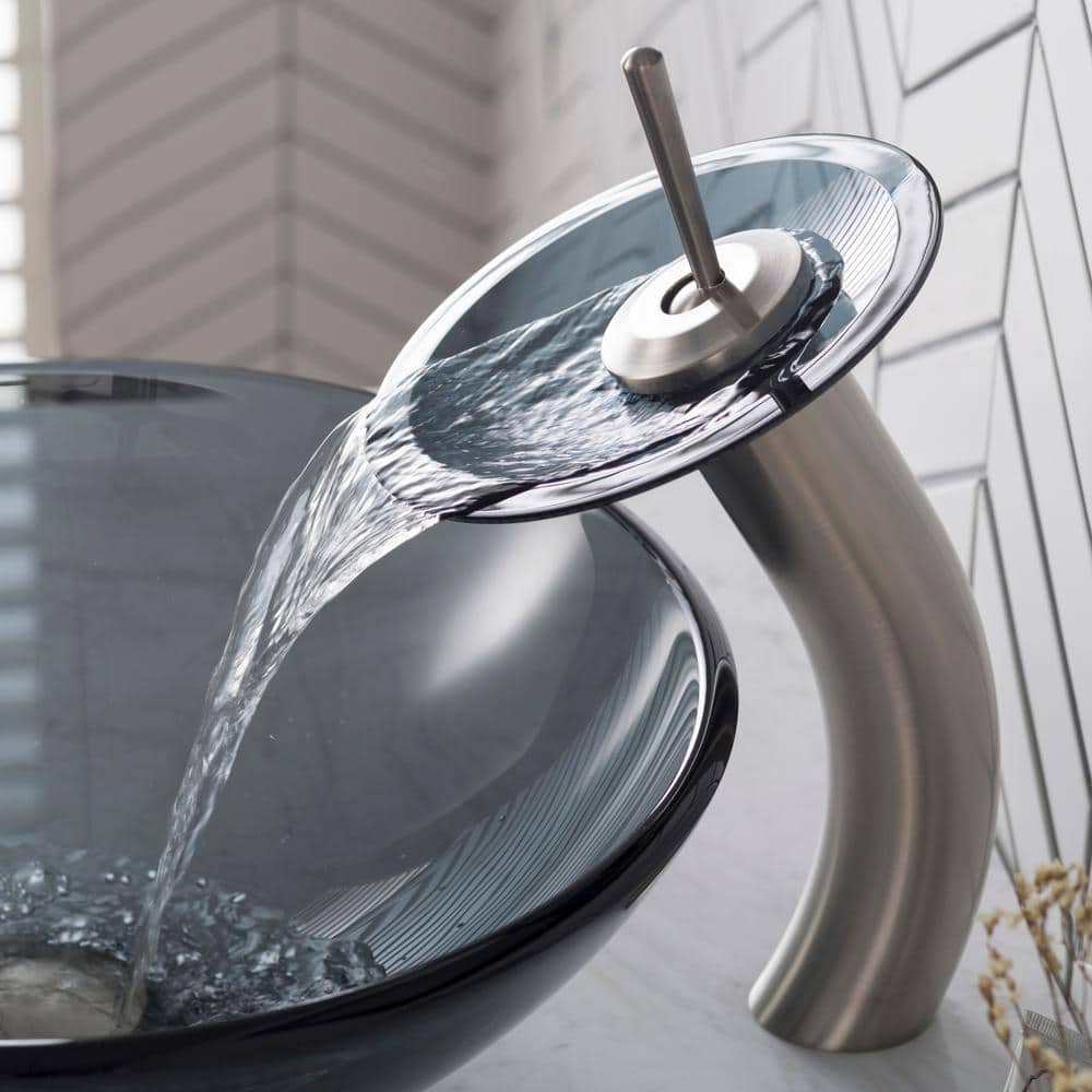 Satin Nickel Single Hole Vessel Faucet with Frosted Glass Disk