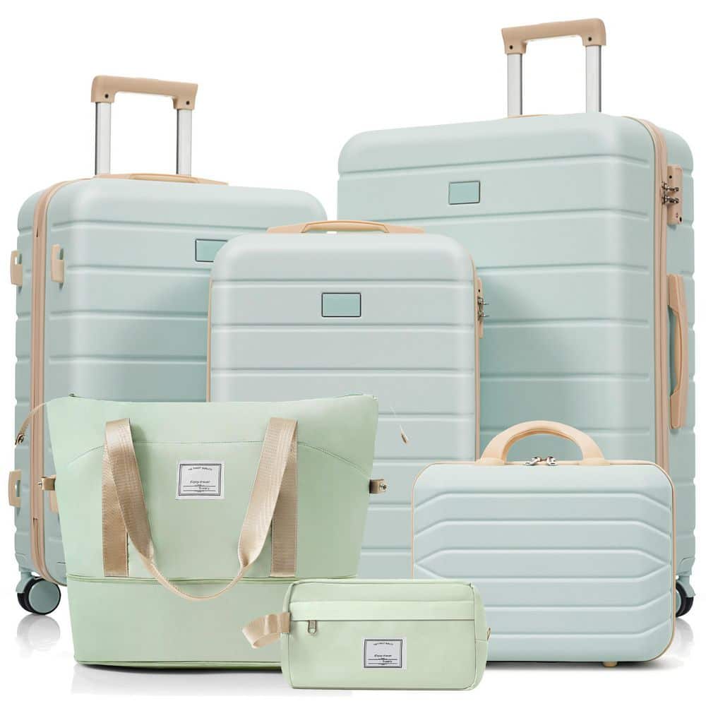 6-Pieces Grey Green ABS Plastic Luggage Set with TSA Lock, Expandable Travel Duffel Bag and Waterproof Toiletry Kit