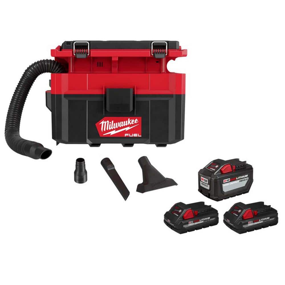 Milwaukee M18 FUEL PACKOUT 18-Volt Lithium-Ion Cordless 2.5 Gal. Wet/Dry  Vacuum w/M18 High Output 12.0Ah and (2) 3.0Ah Batteries 0970-20-48-11-1812P3  The Home Depot