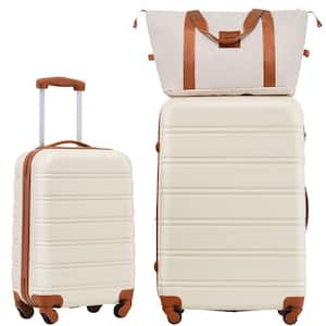 3-Piece White and Brown Expandable ABS Hardshell Spinner 20 in. and 28 in. Luggage Set with Bag, 3-Digit TSA Lock