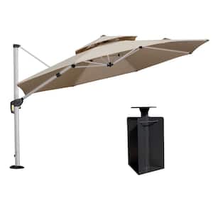 12 ft. Octagon High-Quality Aluminum Polyester Outdoor Patio Umbrella Cantilever Umbrella with Base in Ground, Beige