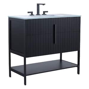 36 in. W x 18 in. D x 33.5 in. H Bath Vanity in Black Matte with Glass Vanity Top in White with Black Hardware