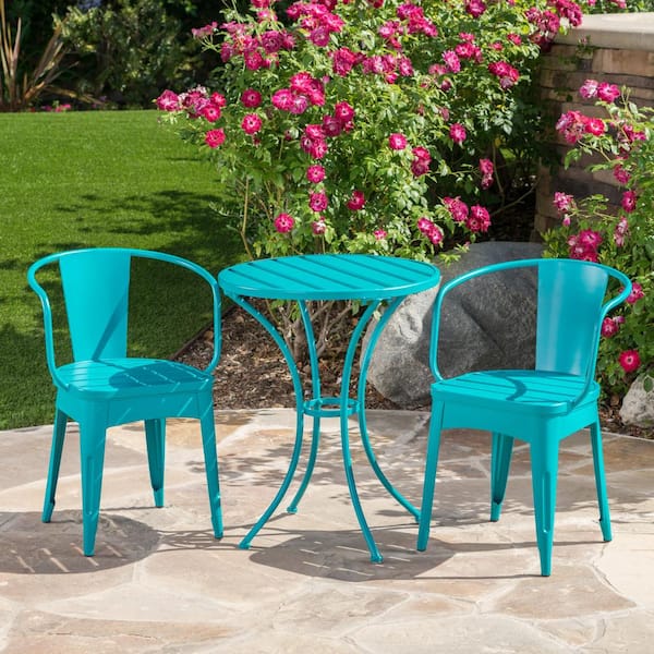 Harper & Bright Designs Teal 3-Piece Metal Round Tabletop Outdoor Bistro Set for Small Space