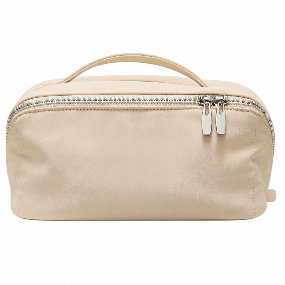 Travel Makeup Bag in AQ-Beige, Large Capacity Cosmetic Bag, Waterproof PU Leather, Flat Open Portable Toiletry Bag