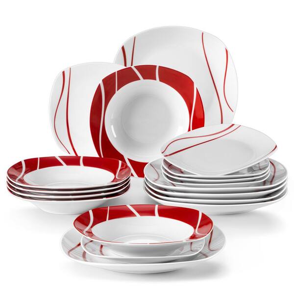 MALACASA Dinnerware Sets, 18-Piece Porcelain Square Dishes, Gray White with  Red Rim, Modern Dish Set for 6 - Plates and Bowls Sets, Ideal for Dessert