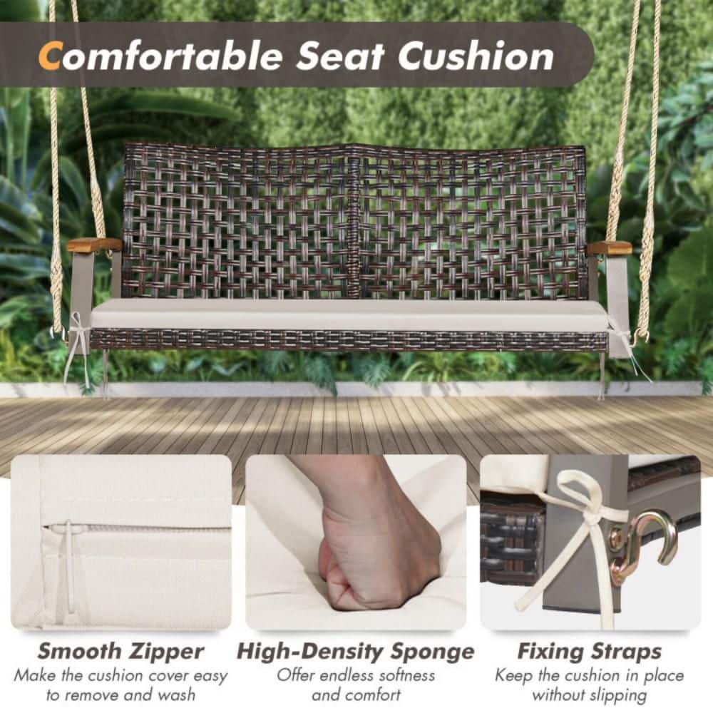 Off-White 2-Person Rattan Patio Swing with Cushion