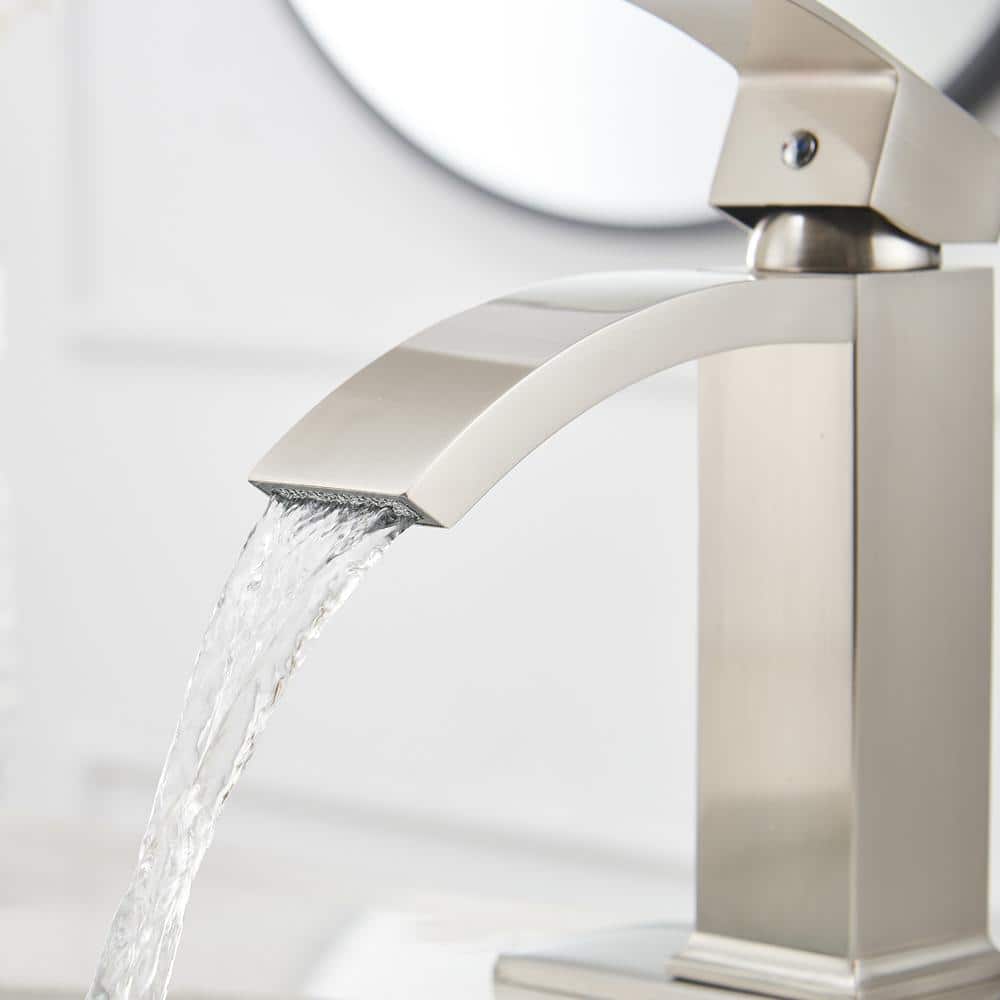 Brushed Nickel Single-Handle Waterfall Bathroom Faucet with Drain