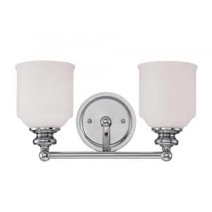 Melrose 14.5 in. W x 7.75 in. H 2-Light Polished Chrome Bathroom Vanity Light with White Glass Shades
