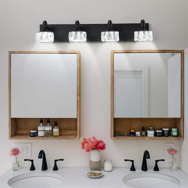 28 in 4-Light Matte Black LED Vanity Light with Crystal Glass Shades for Mirror, Dimmable Hardwired Vanity Light