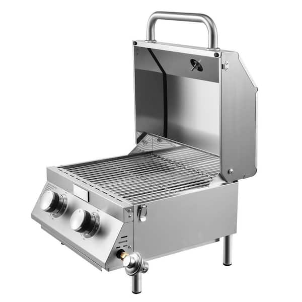 Tabletop Gas Grill, 2-Burner Portable Propane and Natural Gas Grill in Stainless Steel with Thermometer and Regulator