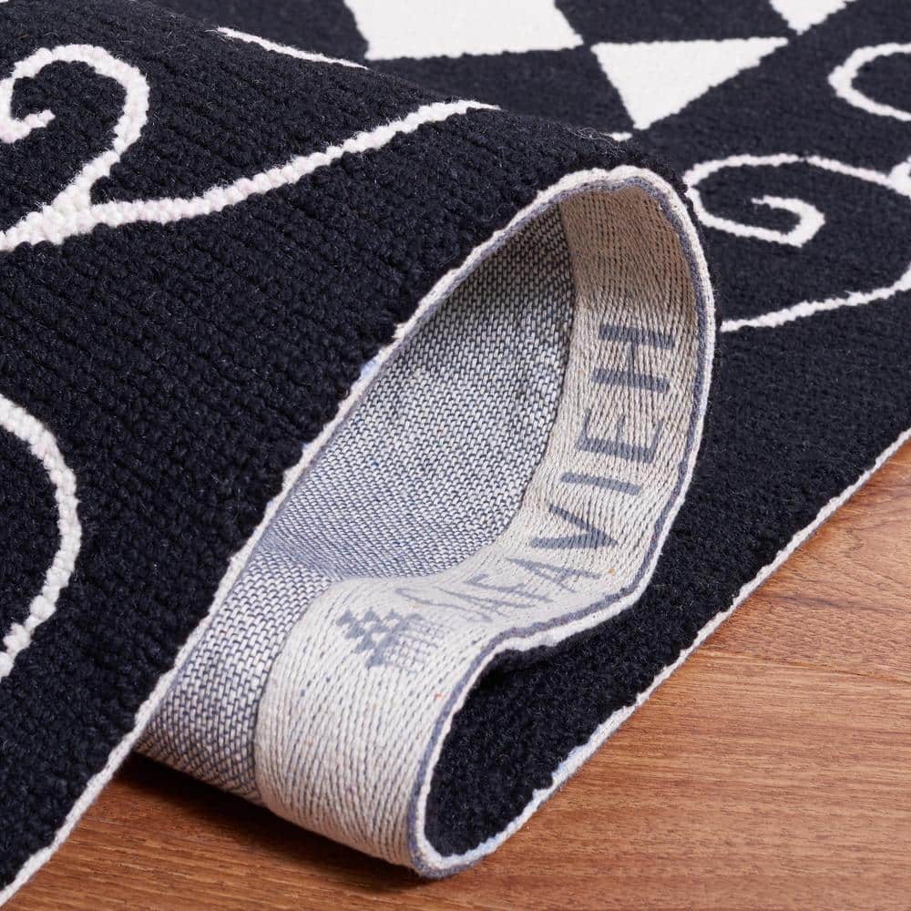 Black and Ivory Floral Wool Hooked Small Rug