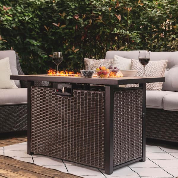 43 in. Wicker Outdoor Propane Gas Fire Pit Table with Ceramic Tabletop and Oxford Cover, 50000 BTU, Brown