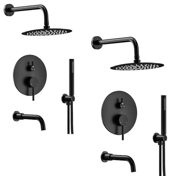 YAWWALK 10 in. Round Rainfall Double Handles 3-Spray Tub and Shower Faucet 2.5 GPM in Matte Black Valve Included