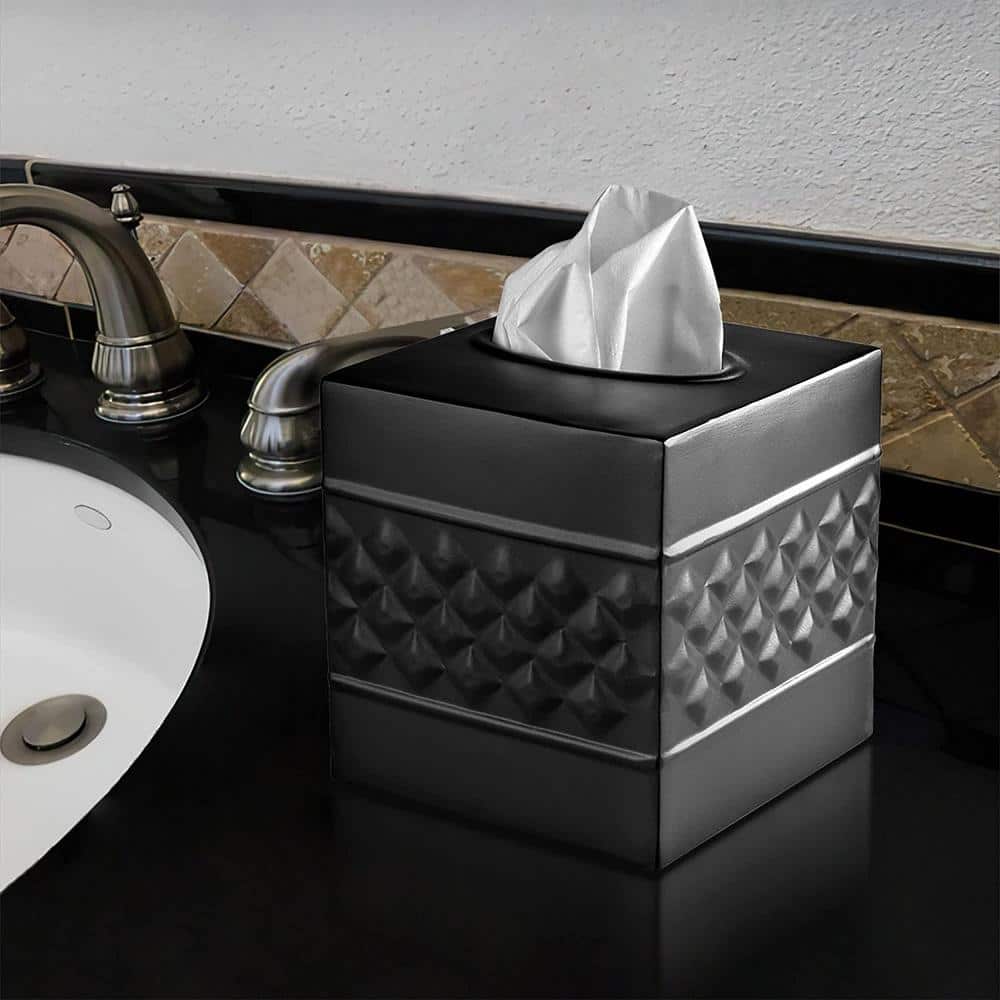 Black Geometric Embossed Metal Square Tissue Box Cover