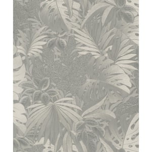 Jungle Leaves Platinum Metallic Finish Vinyl on Non-Woven Non-Pasted Wallpaper Roll