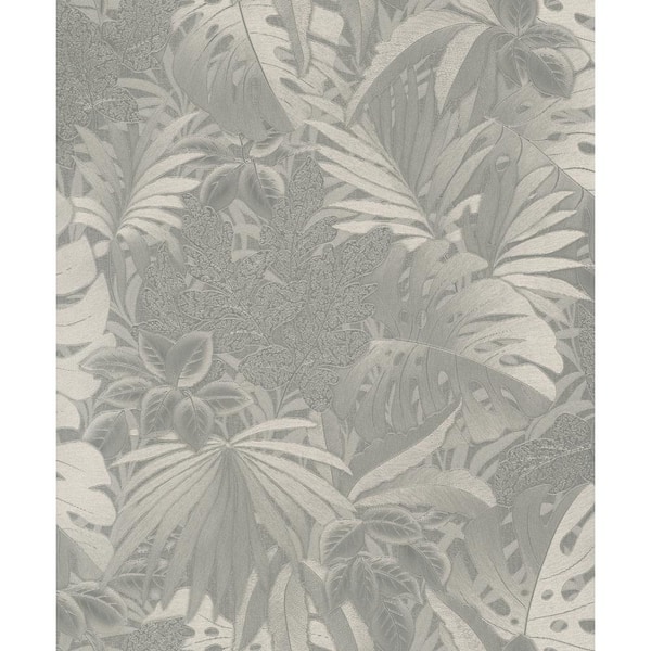 Unbranded Jungle Leaves Platinum Metallic Finish Vinyl on Non-Woven Non-Pasted Wallpaper Roll