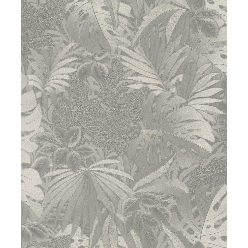 Jungle Leaves Platinum Metallic Finish Vinyl on Non-Woven Non-Pasted Wallpa
