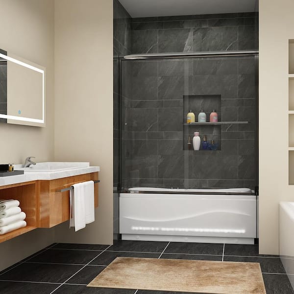 ANGELES HOME 60 in. W x 62 in. H Bypass Sliding Semi Frameless Tub Door in Brushed Nickel Finish with Clear Glass