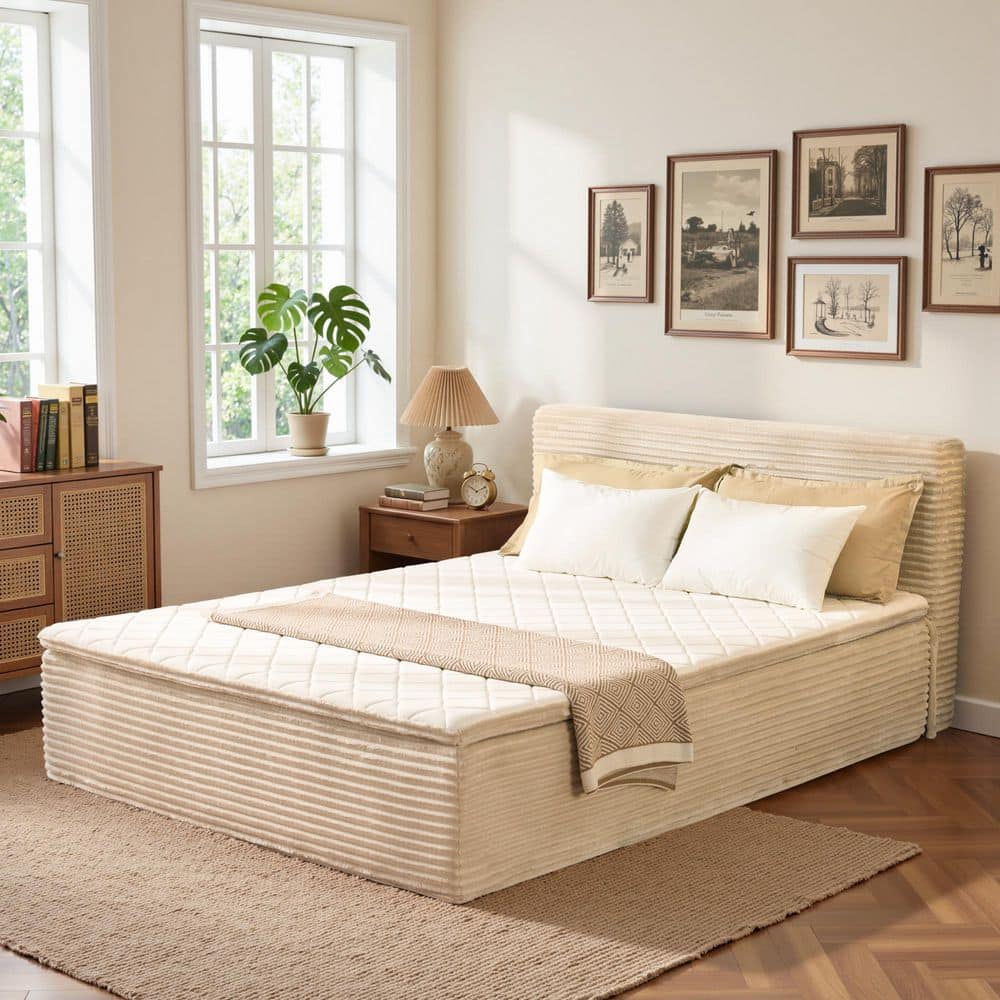 Zuke Beige Plush Corduroy Memory Foam Frame Queen Size Upholstered Platform Bed in a Box with No Assembly Required