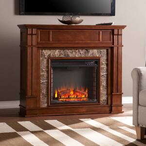 Rochester 48 in. Faux Stone Electric Fireplace TV Stand in Whiskey Maple