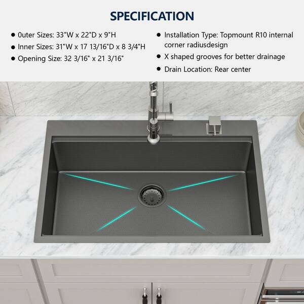 Lonsince 26x22 Black Stainless Steel Drop-In Kitchen Sink – Single Bowl, 16 Gauge, Includes Drain Rack & Cutting Board - View #12
