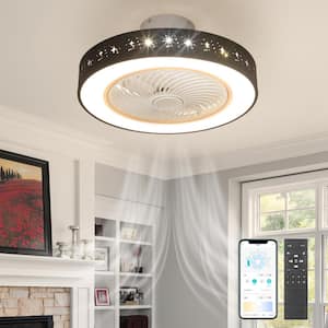 20 in. LED Indoor Black Modern Dimmable Caged Low Profile Flush Mount Ceiling Fan Light with Remote Control and App