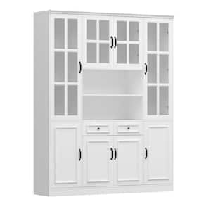White Wooden 63 in. W Food Pantry Cabinet Storage Organizer with Tempered Glass Doors, 2-Drawers, Adjustable Shelves