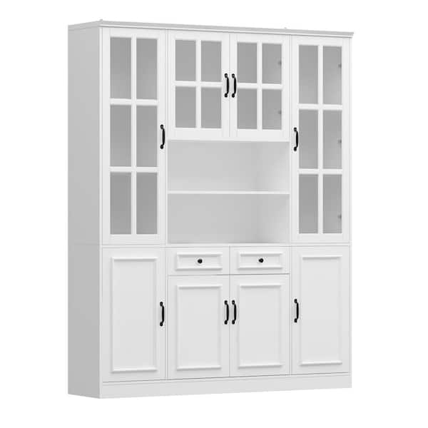 WIAWG White Wooden 63 in. W Food Pantry Cabinet Storage Organizer with Tempered Glass Doors, 2-Drawers, Adjustable Shelves