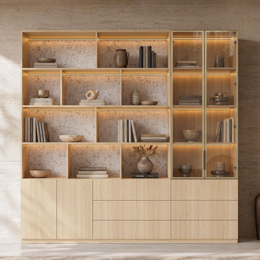 92.5 in. Tall Natural Wood 16-Shelf Accent Bookcase with Glass Doors, LED Lighting, Marble-Pattern Back Panel, 6 Drawers