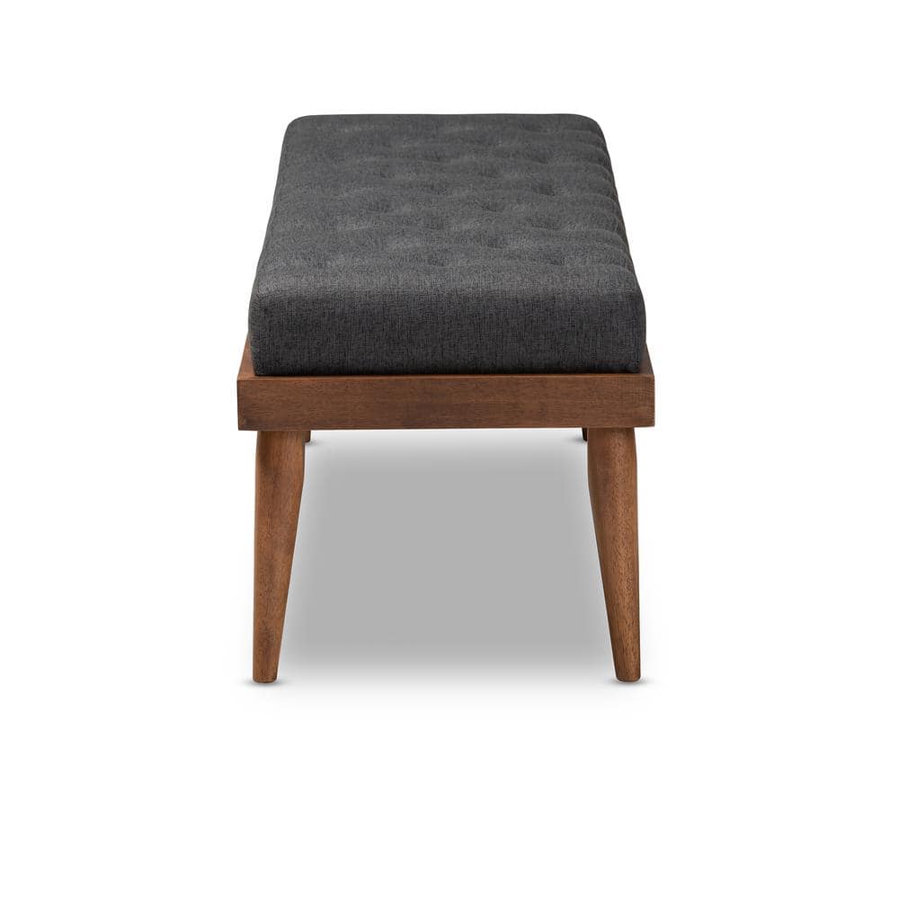 Gray Upholstered Walnut Wood Mid-Century Bench