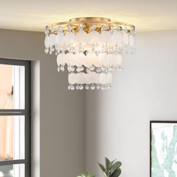GoYeel 12.6 in. 3-Light Modern Gold Crystal Semi-Flush Mount Ceiling Light