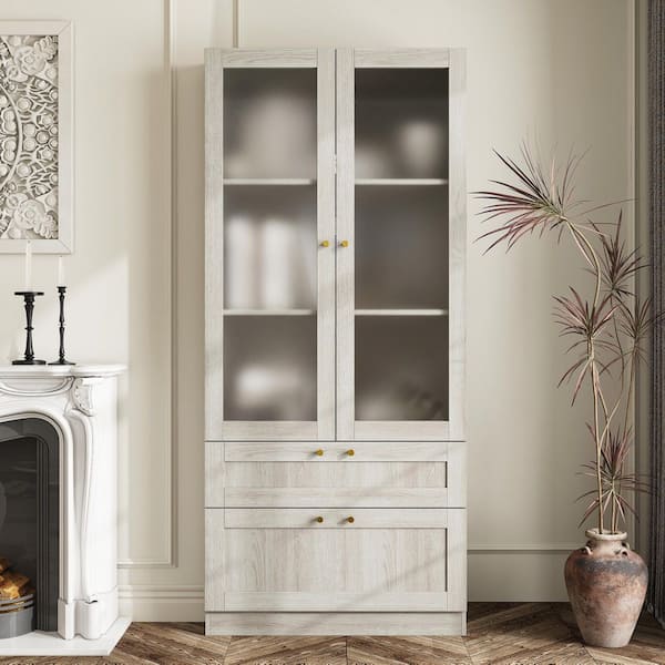 FUFU&GAGA 70.9 in. Tall Gray Wood Grain 2 Shelf Standard Bookcases with Frosted Glass Doors, Drawers and Adjustable Shelves