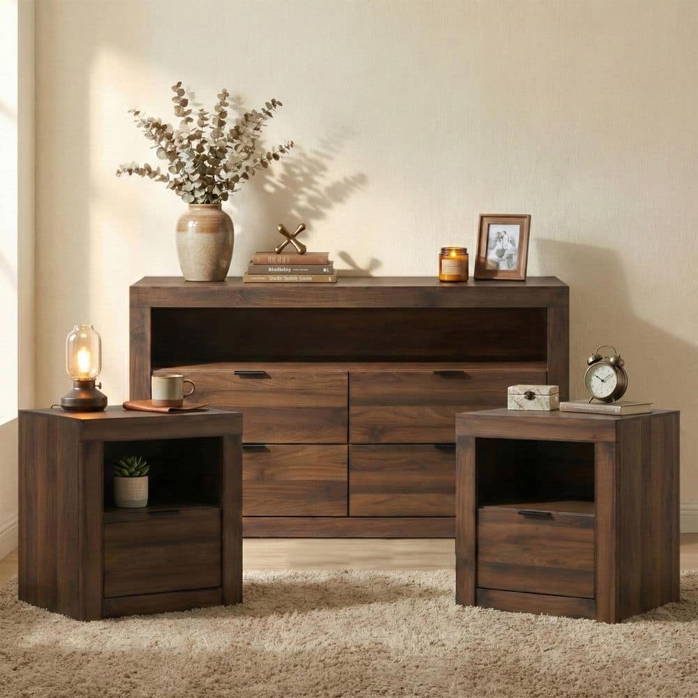 Davenly 3-Piece Walnut 1-Drawer 21.8 in. W Set of 2 Nightstands and Dresser price history on PriceWatchPro