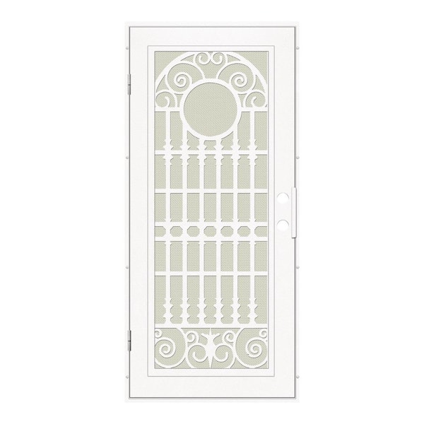 Unique Home Designs Spaniard 30 in. x 80 in. Right Hand/Outswing White Aluminum Security Door with Beige Perforated Metal Screen