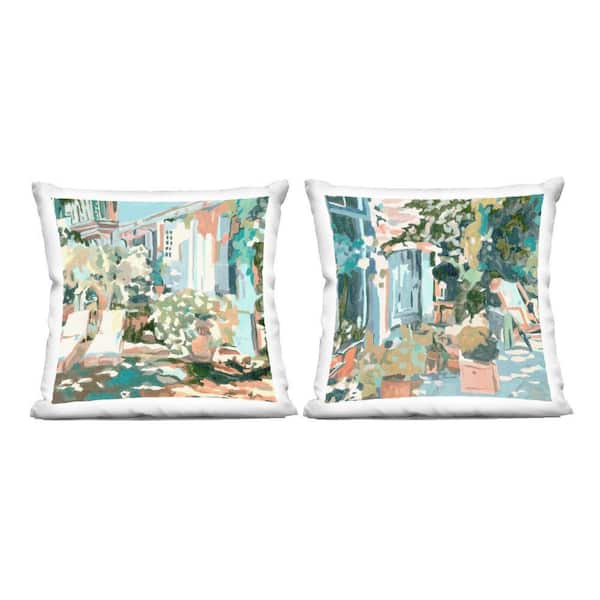 Plants on Town Buildings Blue Print Polyester 18 in. X 18in. Throw Pillow, Set of 2