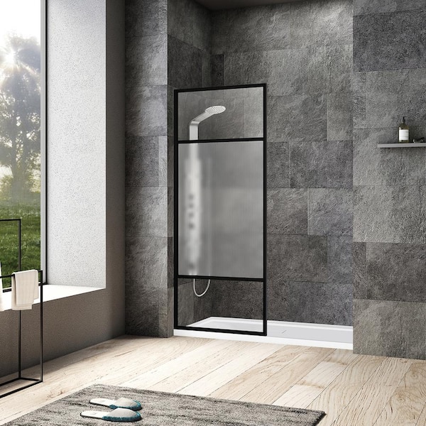 ROSWELL Tafalla 34 in. W x 74 in. H Frameless Fixed Glass Panel in Matte Black