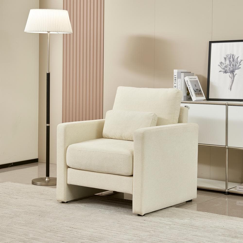 Beige Modern Accent Chair Chenille Upholstered Cozy Comfy Armchair with Pil