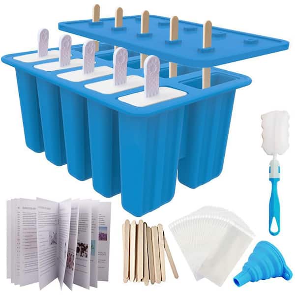 Wudkey 10-Cav Non-BPA Silicone Ice Pop Maker with 50 Sticks, 50 Bags, 10 Reusable Sticks, Funnel and Brush, Blue
