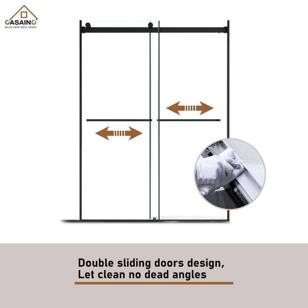 Black Frameless Double Sliding Bypass Shower Door 48" x 76"