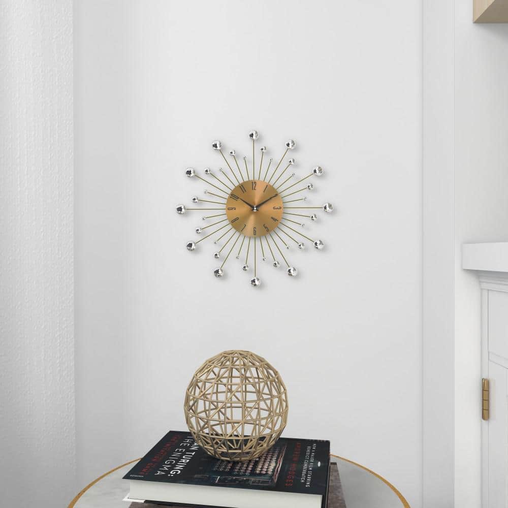 Gold Metal Starburst Wall Clock with Crystal Accents, 15"