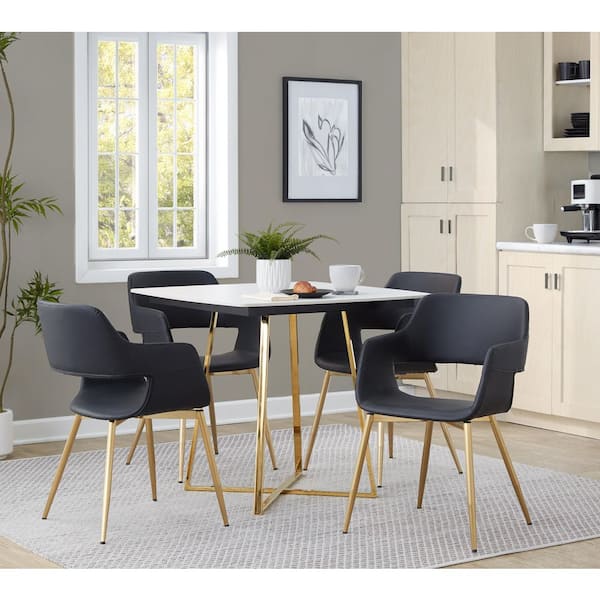 Folia White Faux Marble, Black Wood and Gold Metal Square Trestle Base Dining Table (Seats 4)