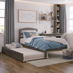 Warren 38-1/4 in. W Grey Twin Solid Wood Frame with Twin Pull Out Trundle Bed and USB Device Charger Platform Bed