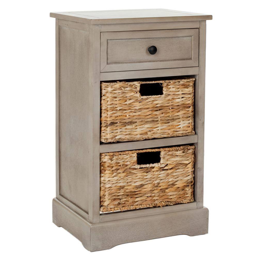 Transitional Vintage Gray Rectangular Pine Side Table with Storage