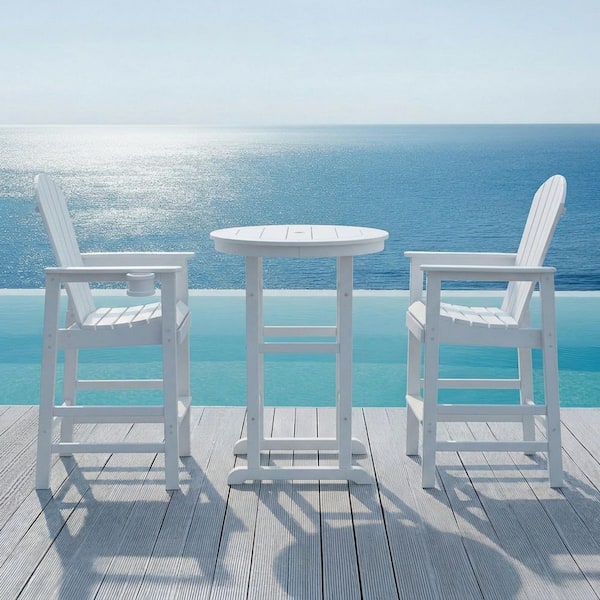 3-Piece HDPE Indoor/Outdoor Bistroor w/ Round Bar Table,2 Bar Stools,All-Weather Bar Set for Deck,Balcony,Poolside,White