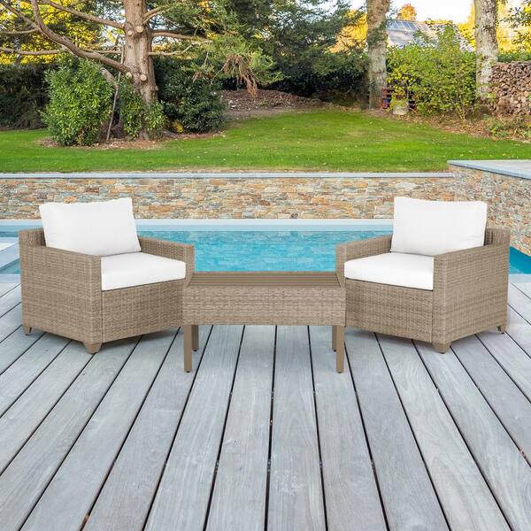 TK CLASSICS Maui 3-Piece Metal Patio Conversation Set with Linen White Cushions