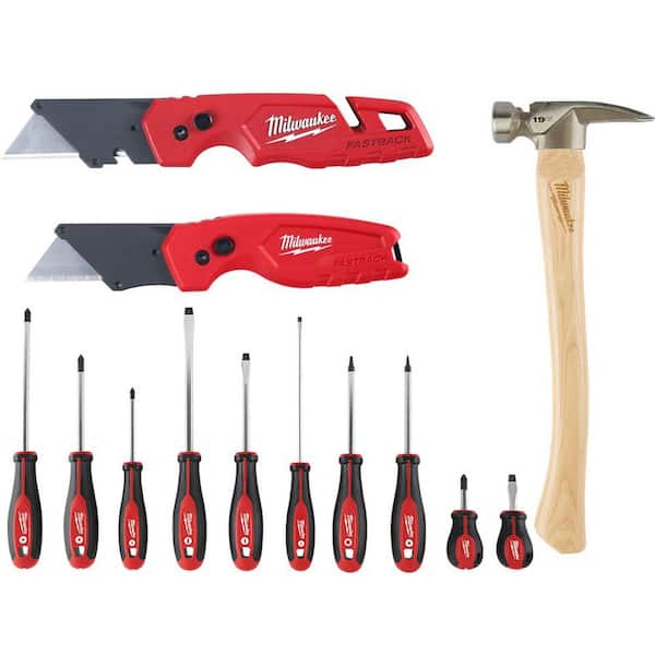 Milwaukee Screwdriver Set with FASTBACK Folding Utility Knife Set and 19 oz. Wood Milled Face Hickory Framing Hammer (13-Piece)